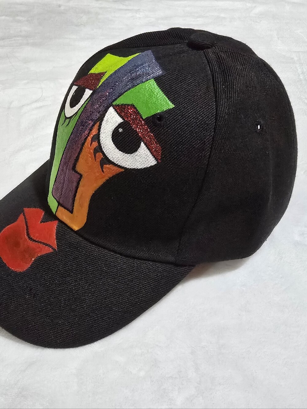 Black Art Face Baseball Cap with Colorful Abstract Design, Hand Painted. Unisex - Picture 4 of 10